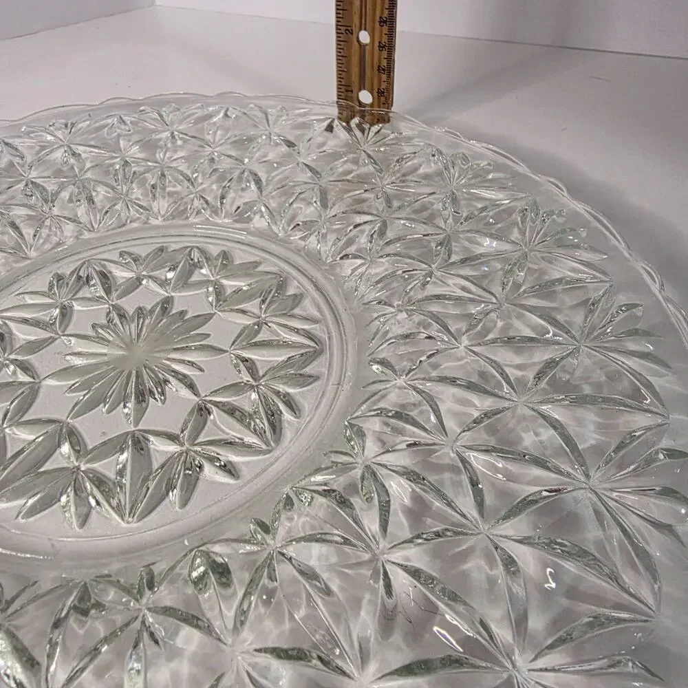 Vintage Clear Pressed Glass Round Serving Platter Starburst Floral 12 Inch